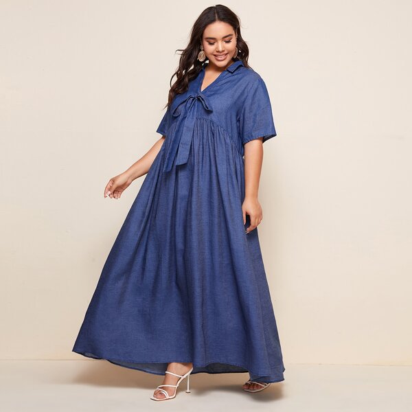 

Plus V-collar Knot Detail Smock Dress, Blue