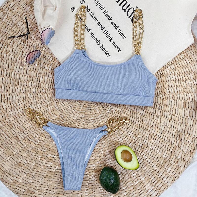 

Rib Chain Strap Thong Bikini Swimsuit, Dusty blue