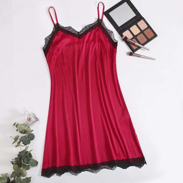 

Plus Lace Trim Slip Nightdress, Rose red