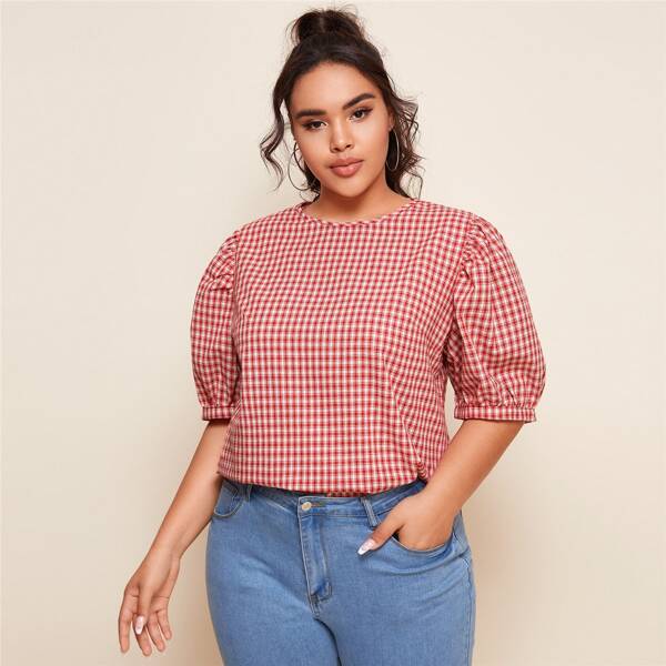 

Plus Puff Sleeve Plaid Top, Red and white