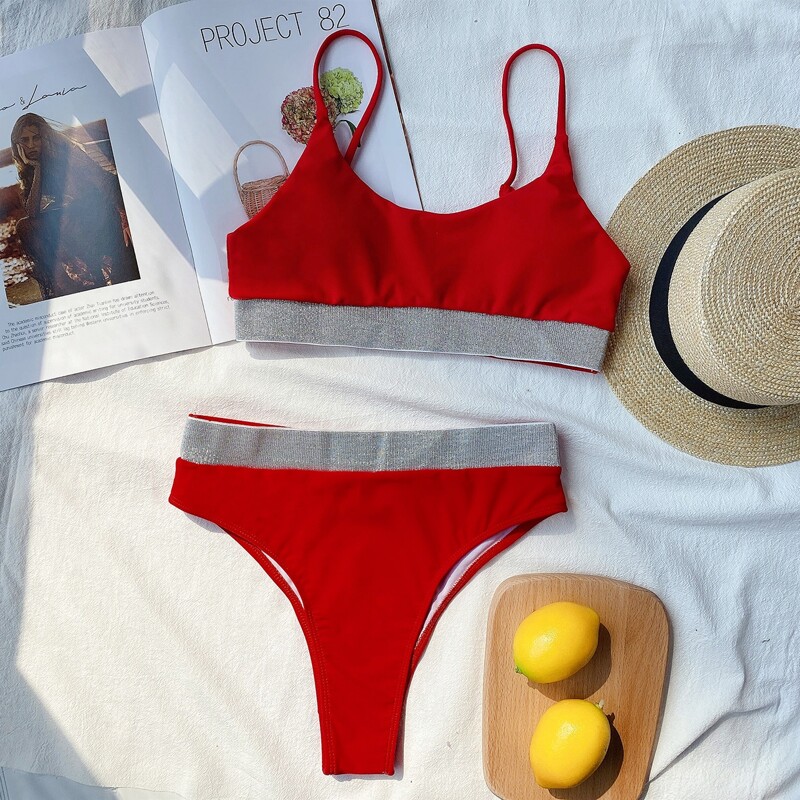 

Glitter Trim High Waisted Bikini Swimsuit, Red