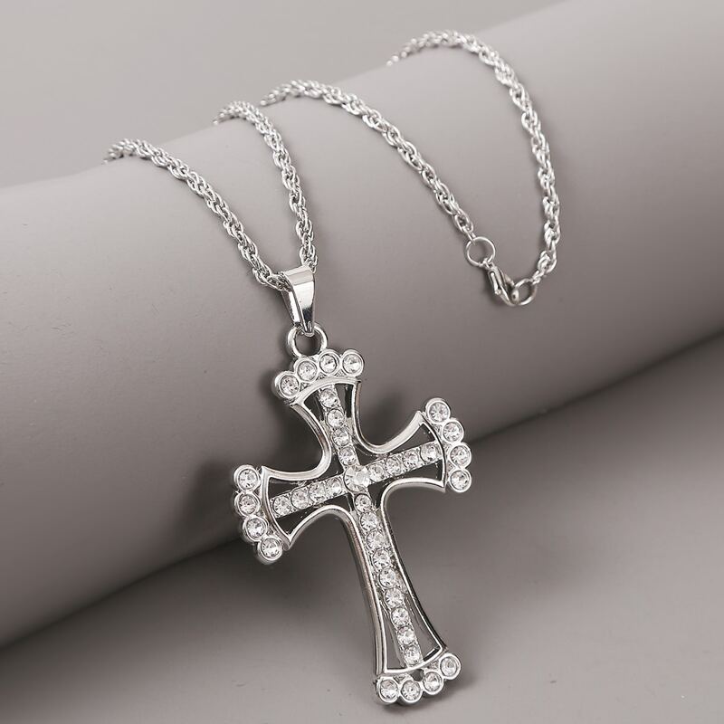Guys Rhinestone Engraved Cross Charm Necklace, Silver