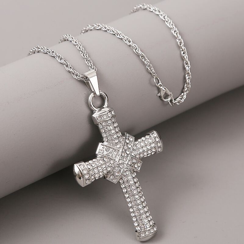 

Guys Rhinestone Engraved Cross Charm Necklace, Silver