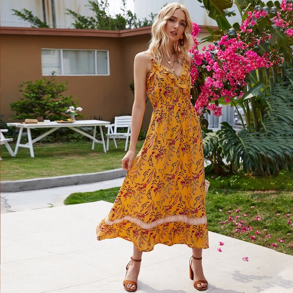 

Plants Print Ruffle Trim Cami Dress, Mustard yellow