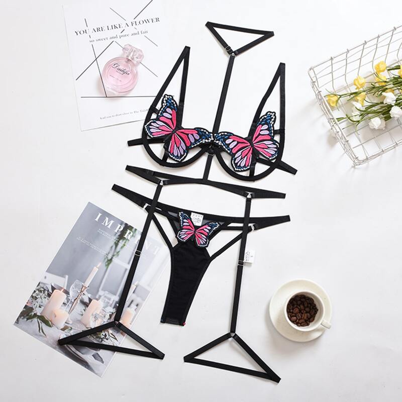 

Embroidered Butterfly Harness Lingerie Set, Black