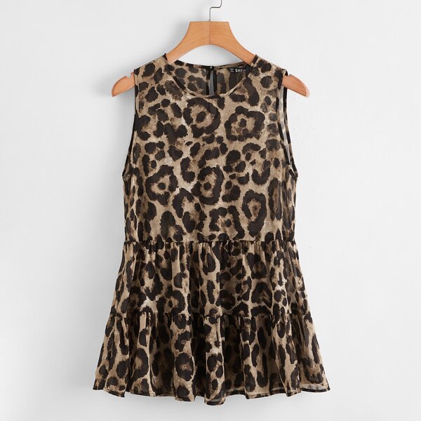 

Keyhole Back Tiered Hem Leopard Chiffon Top, Multicolor