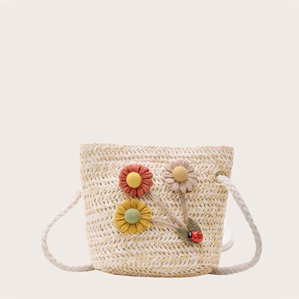 

Girls Floral Appliques Braided Crossbody Bag, Beige
