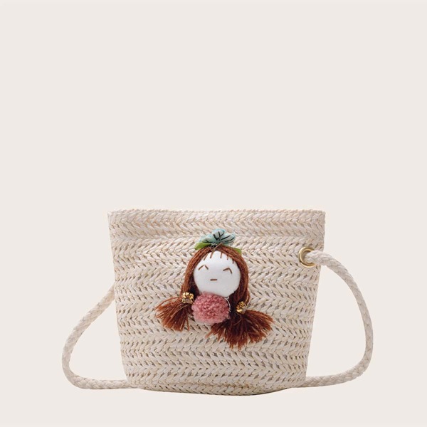 

Girls Cartoon Appliques Braided Crossbody Bag, Beige