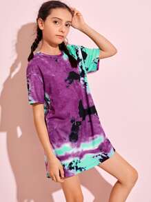 SHEIN 女孩落肩紮染t恤洋裝 - 彩色 - 查看 1