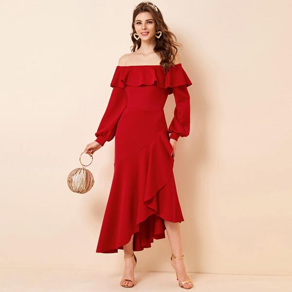 

Off Shoulder Ruffle Trim Asymmetrical Hem Dress, Red