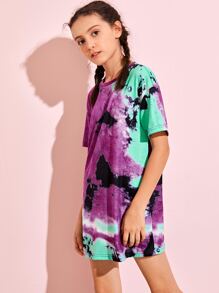 SHEIN 女孩落肩紮染t恤洋裝 - 彩色 - 查看 3