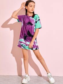 SHEIN 女孩落肩紮染t恤洋裝 - 彩色 - 查看 4