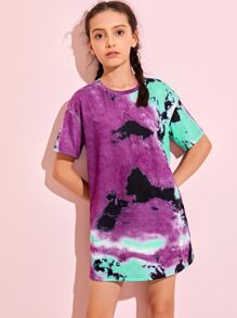 SHEIN 女孩落肩紮染t恤洋裝 - 彩色 - 查看 5