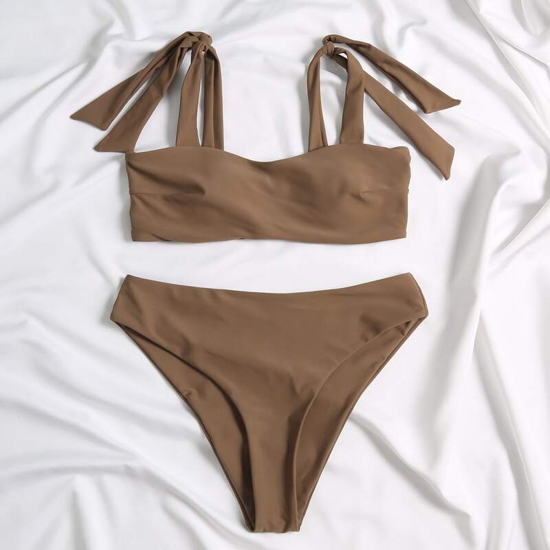 

Tie Shoulder High Waisted Bikini Swimsuit, Mocha brown