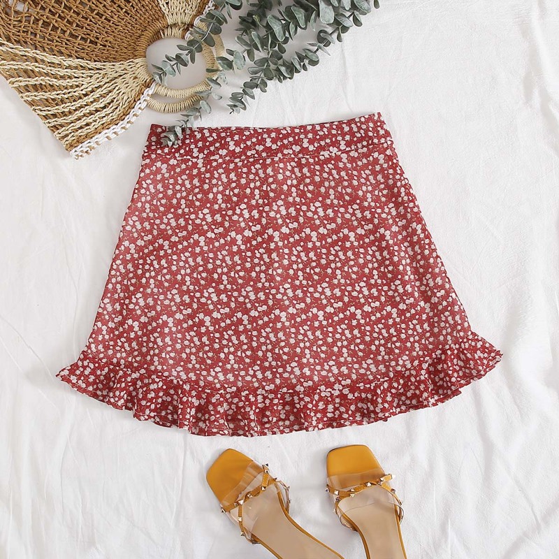 

Ruffle Hem Ditsy Floral Print Skirt, Redwood