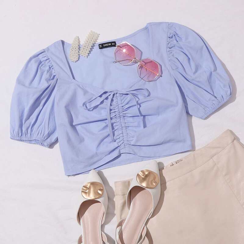 

Knotted Front Puff Sleeve Milkmaid Top, Lilac purple
