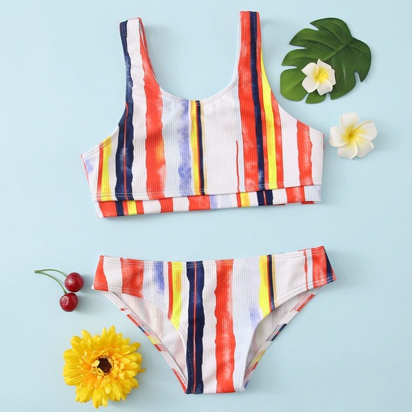 

Girls Colorful Striped Rib Bikini Swimsuit, Multicolor