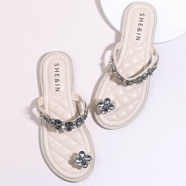 

Toe Post Rhinestone Engraved Slippers, Beige