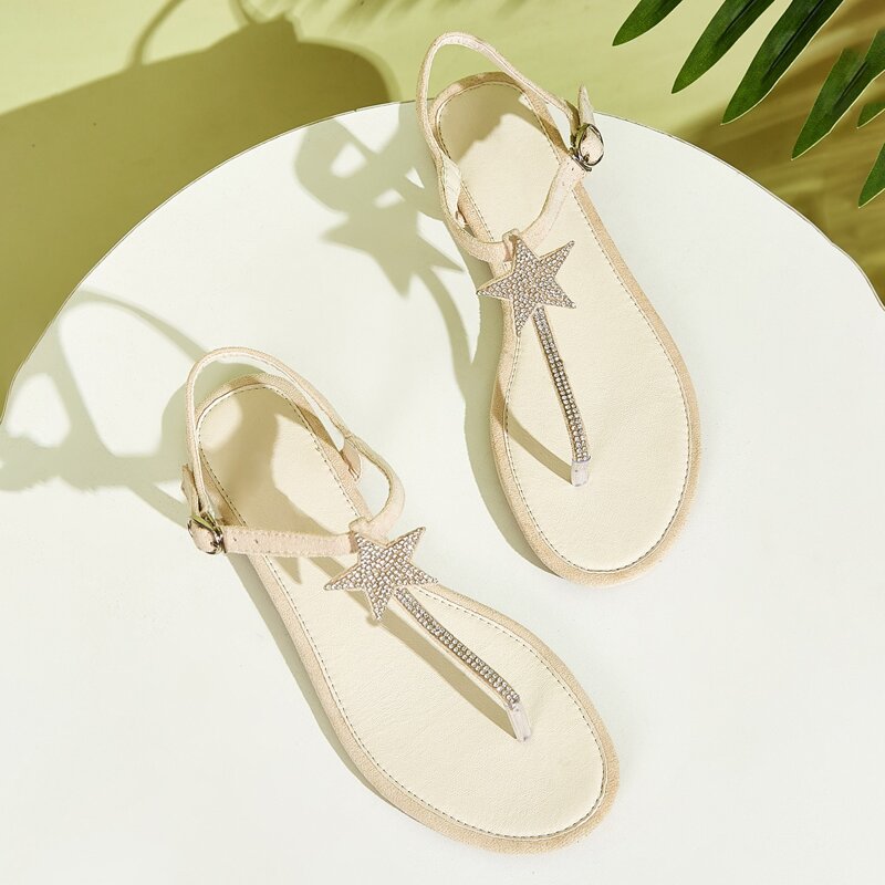 

Rhinestone Star Decor Thong Sandals, Beige
