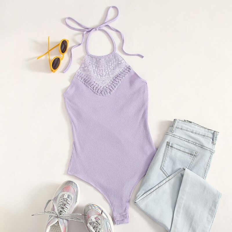 

Tie Neck Backless Guipure Lace Insert Bodysuit, Lilac purple
