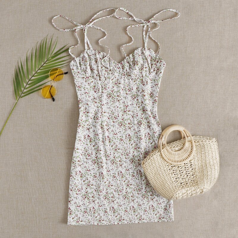 

Knotted Shoulder Ruched Bust Ditsy Floral Cami Dress, White