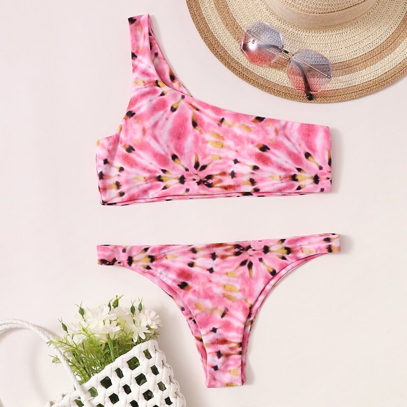 

Graphic One Shoulder Bikini Swimsuit, Pink