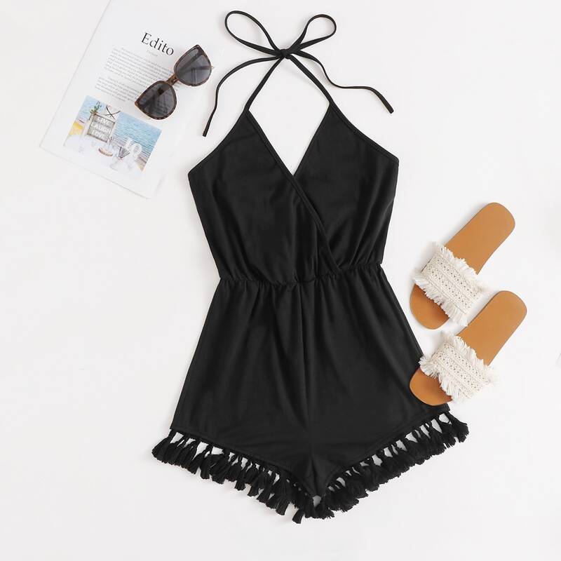 Tie Back Tassel Hem Halter Romper, Black