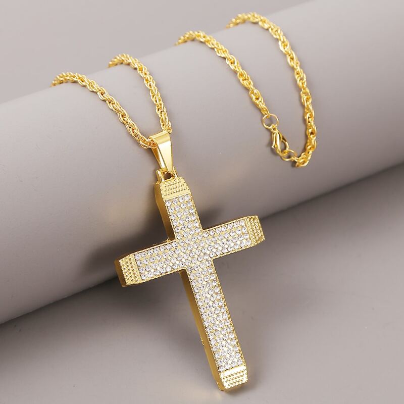 

Guys Rhinestone Engraved Cross Charm Necklace, Gold