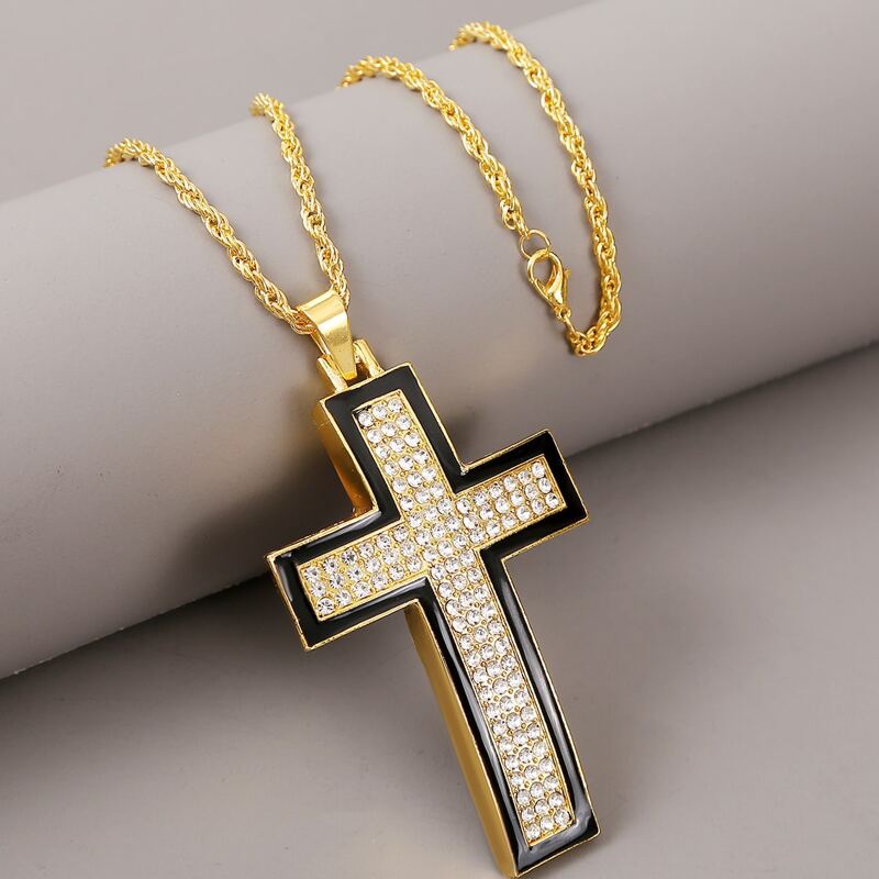 

Guys Rhinestone Engraved Cross Charm Necklace, Gold