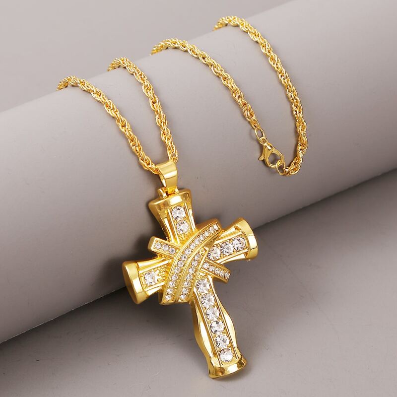 

Guys Rhinestone Engraved Cross Charm Necklace, Gold