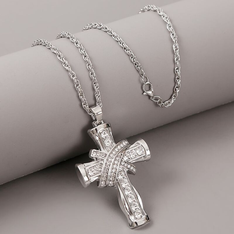 

Guys Rhinestone Engraved Cross Charm Necklace, Silver