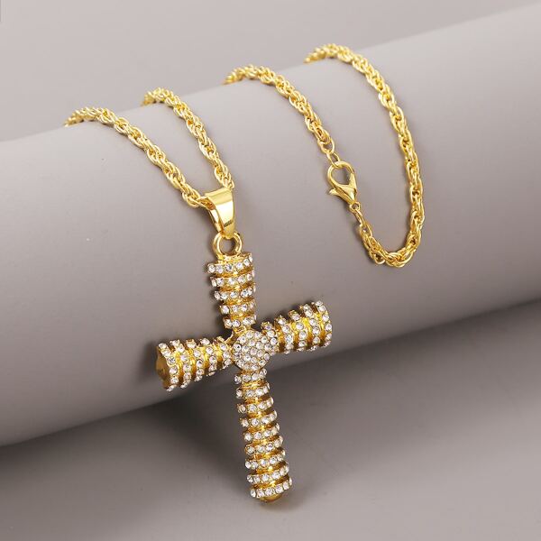 

Men Rhinestone Engraved Cross Charm Necklace, Золотистый