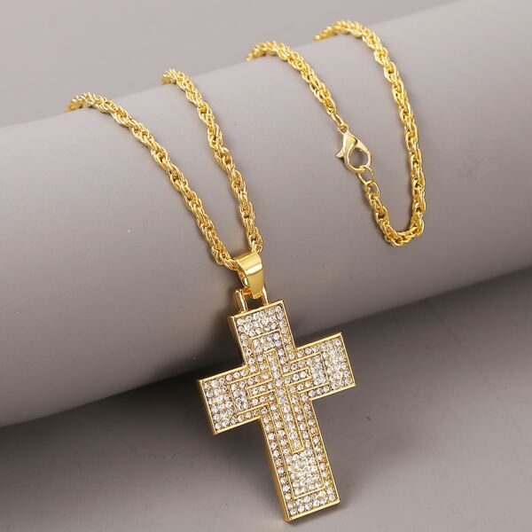 

Men Rhinestone Engraved Cross Charm Necklace, Золотистый