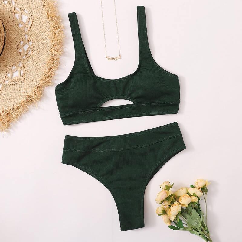 

Ribbed Cutout Bikini Swimsuit, Dark green