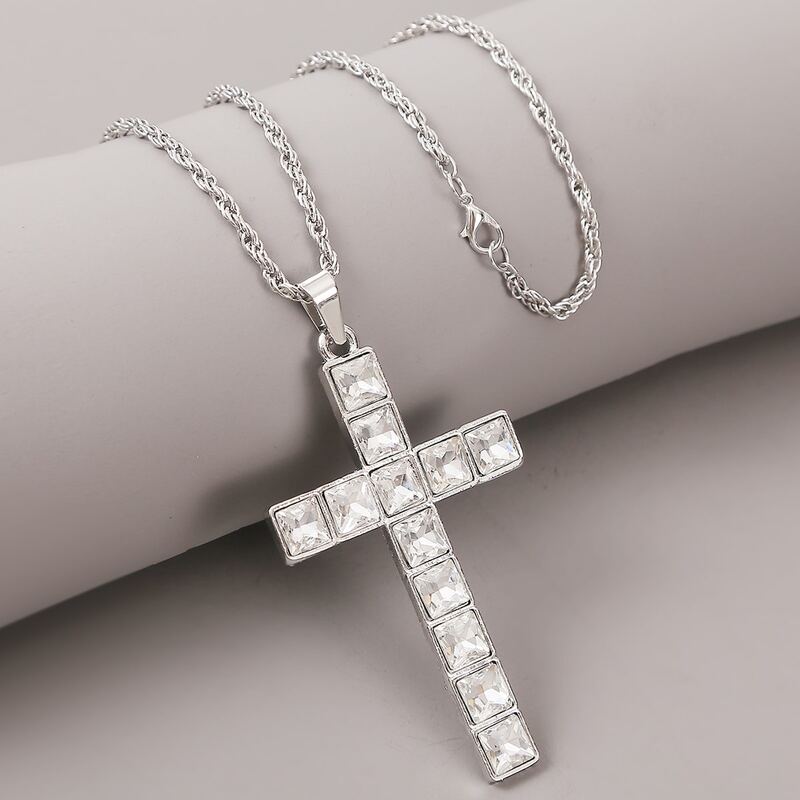 

Guys Rhinestone Engraved Cross Charm Necklace, Silver
