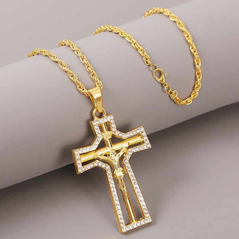 

Guys Rhinestone Engraved Cross Charm Necklace, Gold