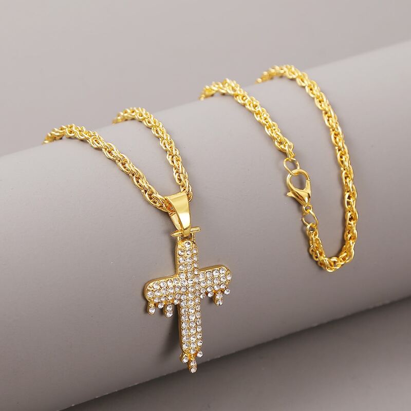 

Guys Rhinestone Engraved Cross Charm Necklace, Gold