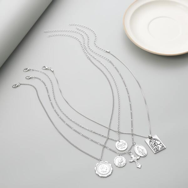 

4pcs Men Layered Cross Charm Necklace, Silver