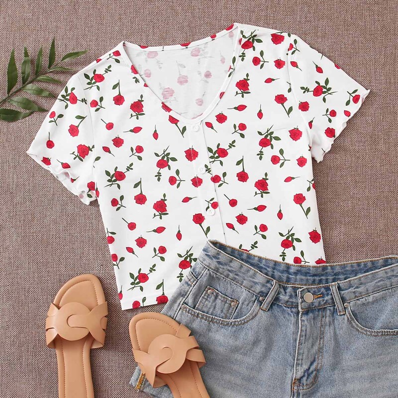 

Floral Button Front Tee, White