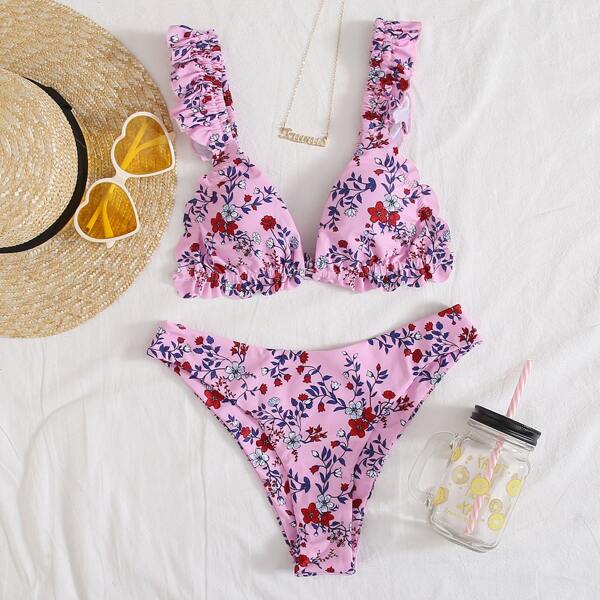 

Floral Frill Triangle Bikini Swimsuit, Pink