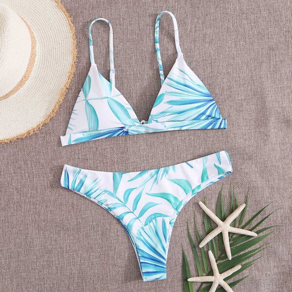 

Leaf Print Triangle Bikini Swimsuit, Pastel baby blue