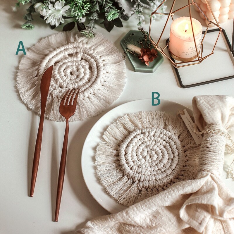 

1pc Braided Tassel Coaster, Beige