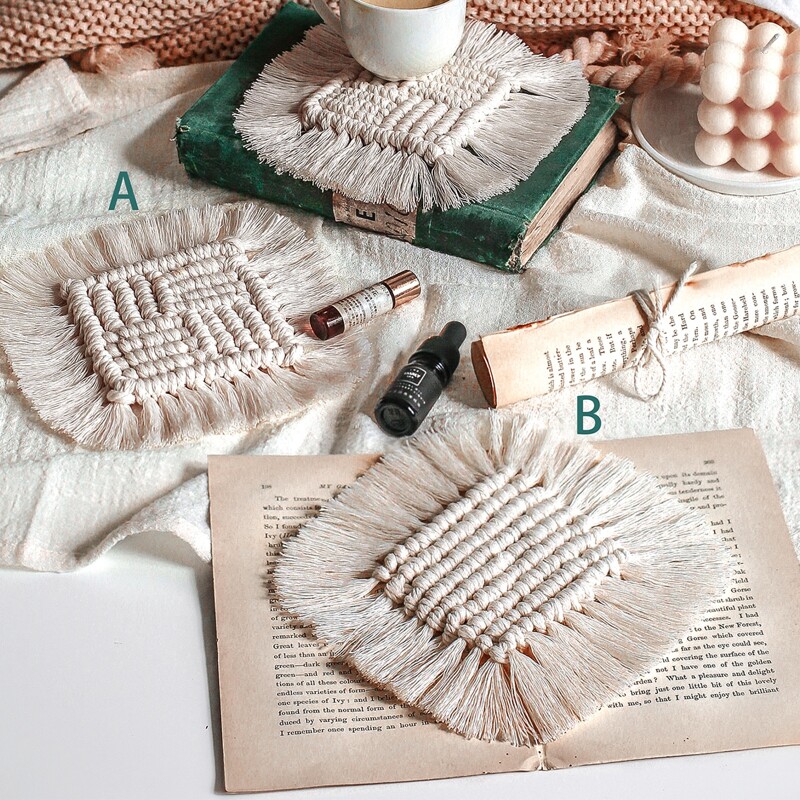 

1pc Braided Tassel Coaster, Beige