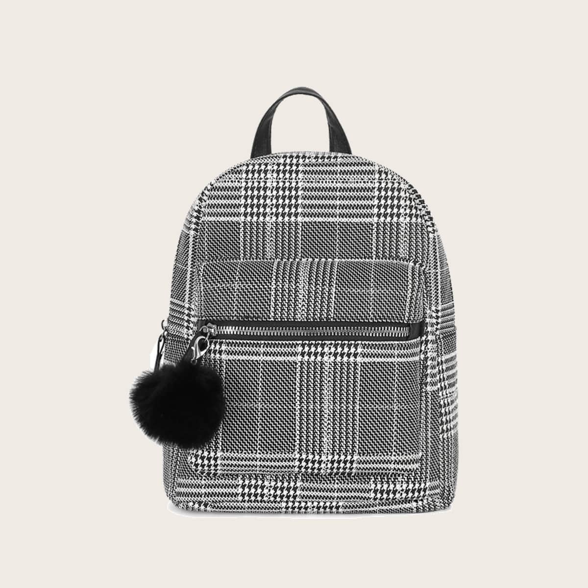

Houndstooth Pom Pom Backpack, Grey