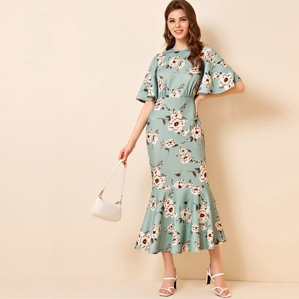 

Flutter Sleeve Mermaid Hem Floral Dress, Green