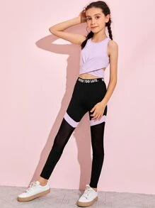 SHEIN Bộ hai mảnh Gái Tương phản Mesh Slogan Nhiều màu Thể thao - Nhiều màu - Xem 3