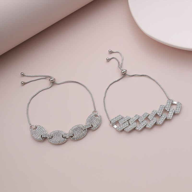 

2pcs Guys Rhinestone Engraved Bracelet, Silver