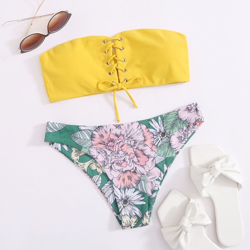 

Floral Lace-up Bandeau Bikini Swimsuit, Multicolor