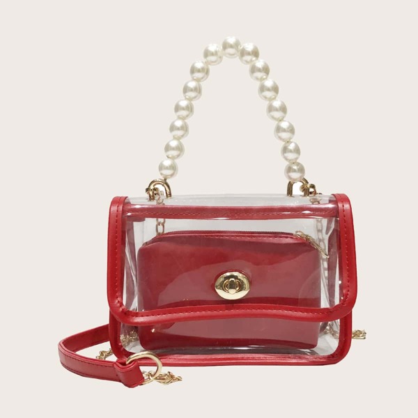 

Faux Pearl Decor Clear Satchel Bag With Inner Pouch, Red