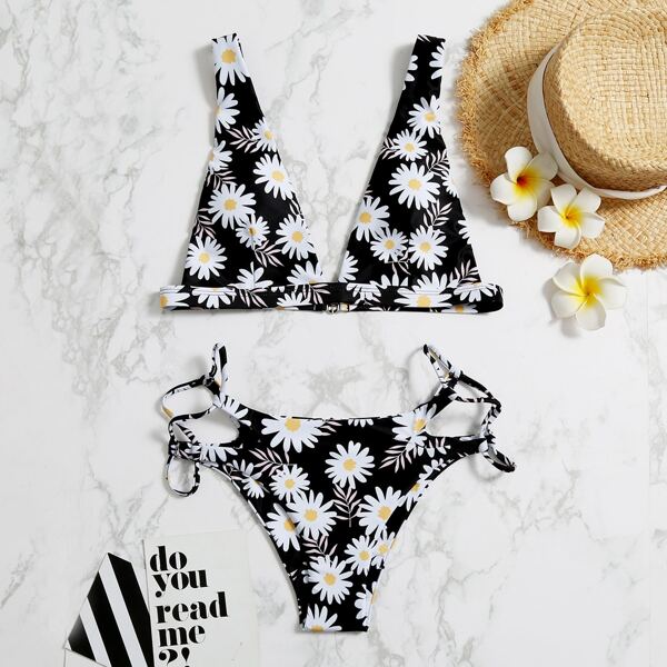 

Daisy Floral Print Bikini Swimsuit, Black and white